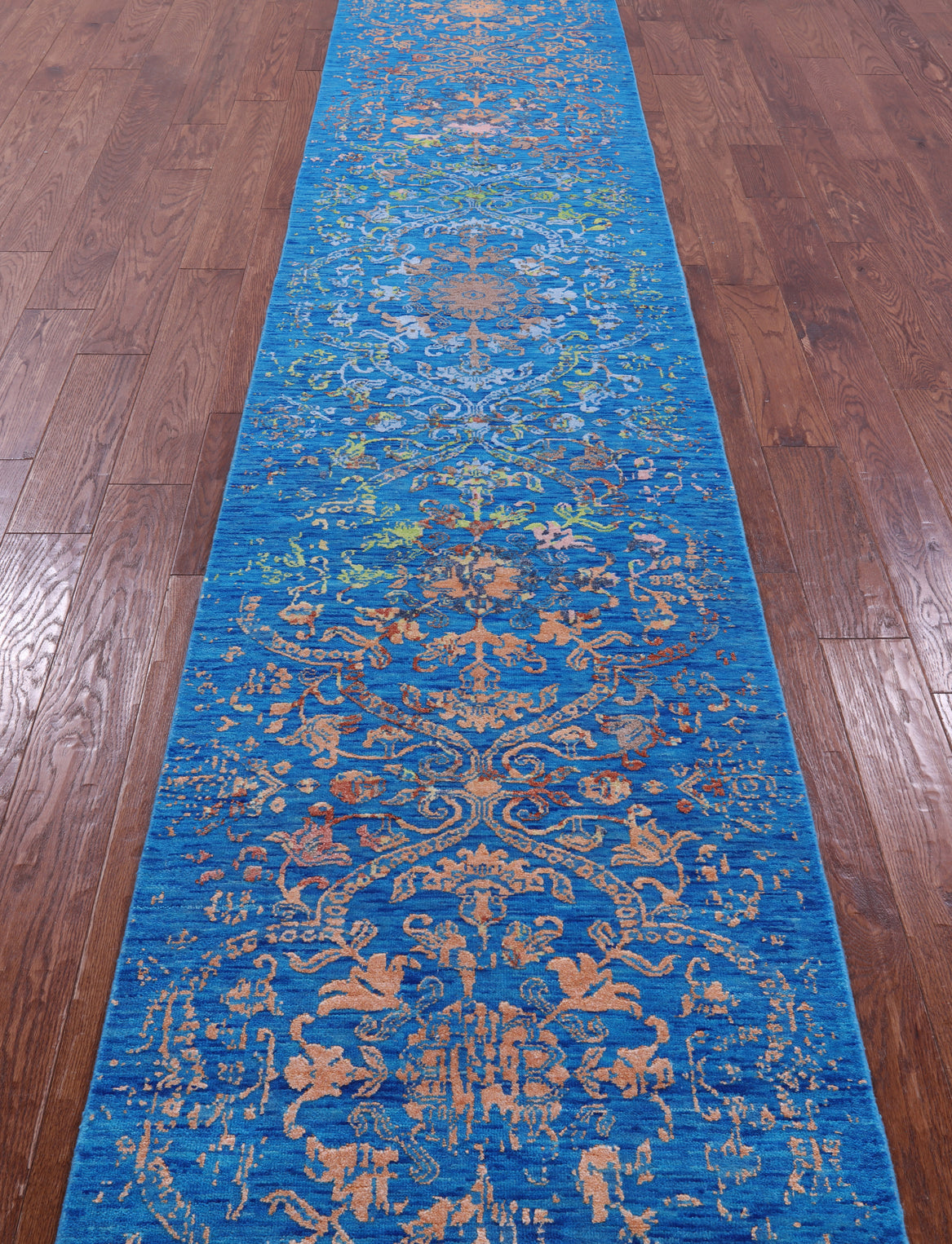 Blue Contemporary Hand Knotted Wool & Silk Runner Rug - 2' 6" X 14' 3" - Golden Nile