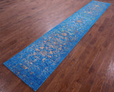 Blue Contemporary Hand Knotted Wool & Silk Runner Rug - 2' 6" X 14' 3" - Golden Nile