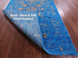 Blue Contemporary Hand Knotted Wool & Silk Runner Rug - 2' 6" X 14' 3" - Golden Nile