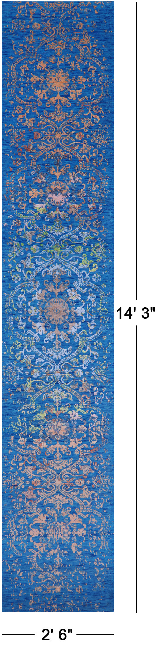 Blue Contemporary Hand Knotted Wool & Silk Runner Rug - 2' 6" X 14' 3" - Golden Nile