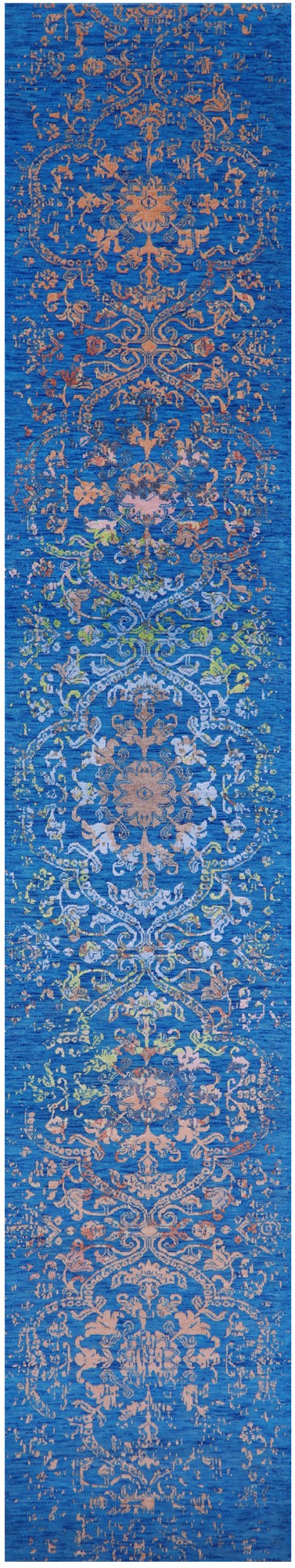 Blue Contemporary Hand Knotted Wool & Silk Runner Rug - 2' 6" X 14' 3" - Golden Nile