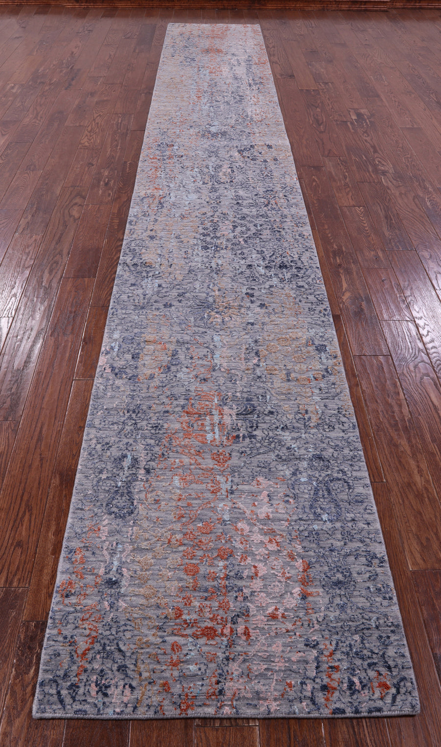 Grey Abstract Contemporary Hand Knotted Wool & Silk Runner Rug - 2' 7" X 17' 2" - Golden Nile