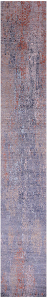 Grey Abstract Contemporary Hand Knotted Wool & Silk Runner Rug - 2' 7" X 17' 2" - Golden Nile