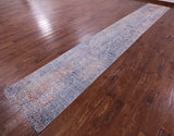 Grey Abstract Contemporary Hand Knotted Wool & Silk Runner Rug - 2' 7" X 17' 2" - Golden Nile