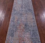 Grey Abstract Contemporary Hand Knotted Wool & Silk Runner Rug - 2' 7" X 17' 2" - Golden Nile