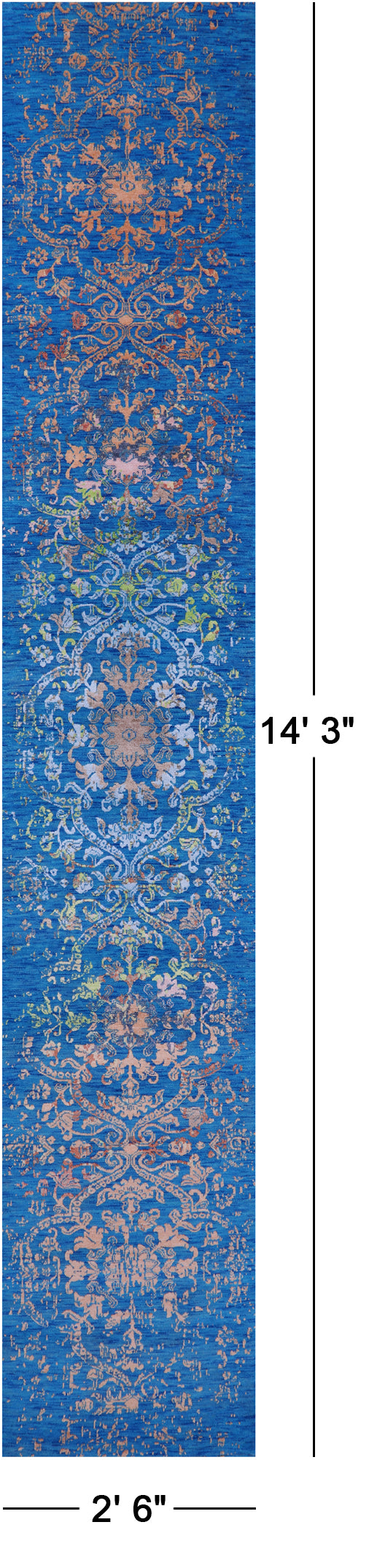 Blue Contemporary Hand Knotted Wool & Silk Runner Rug - 2' 6" X 14' 3" - Golden Nile