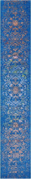 Blue Contemporary Hand Knotted Wool & Silk Runner Rug - 2' 6" X 14' 3" - Golden Nile