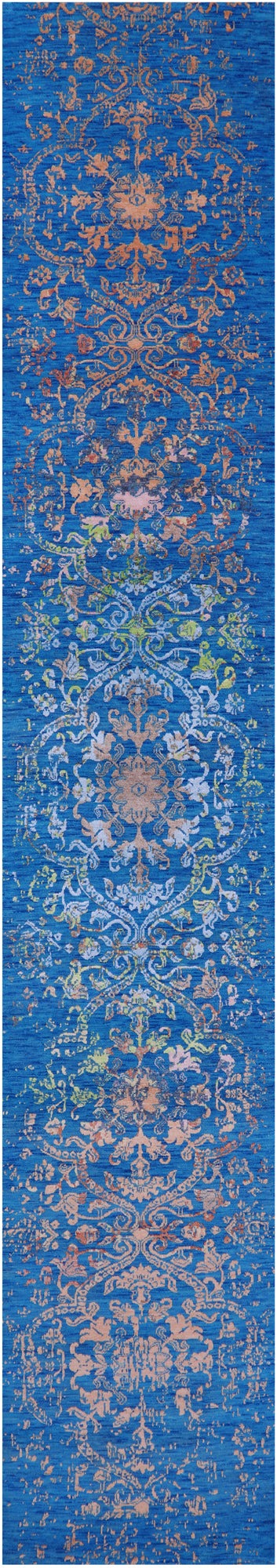 Blue Contemporary Hand Knotted Wool & Silk Runner Rug - 2' 6" X 14' 3" - Golden Nile