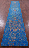 Blue Contemporary Hand Knotted Wool & Silk Runner Rug - 2' 6" X 14' 3" - Golden Nile