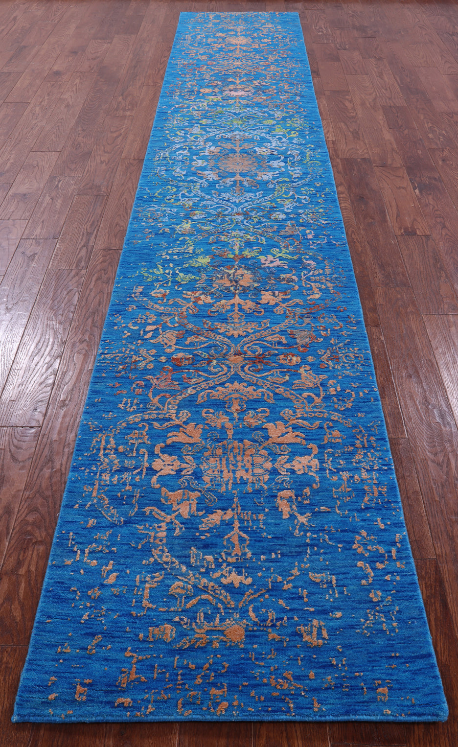 Blue Contemporary Hand Knotted Wool & Silk Runner Rug - 2' 6" X 14' 3" - Golden Nile