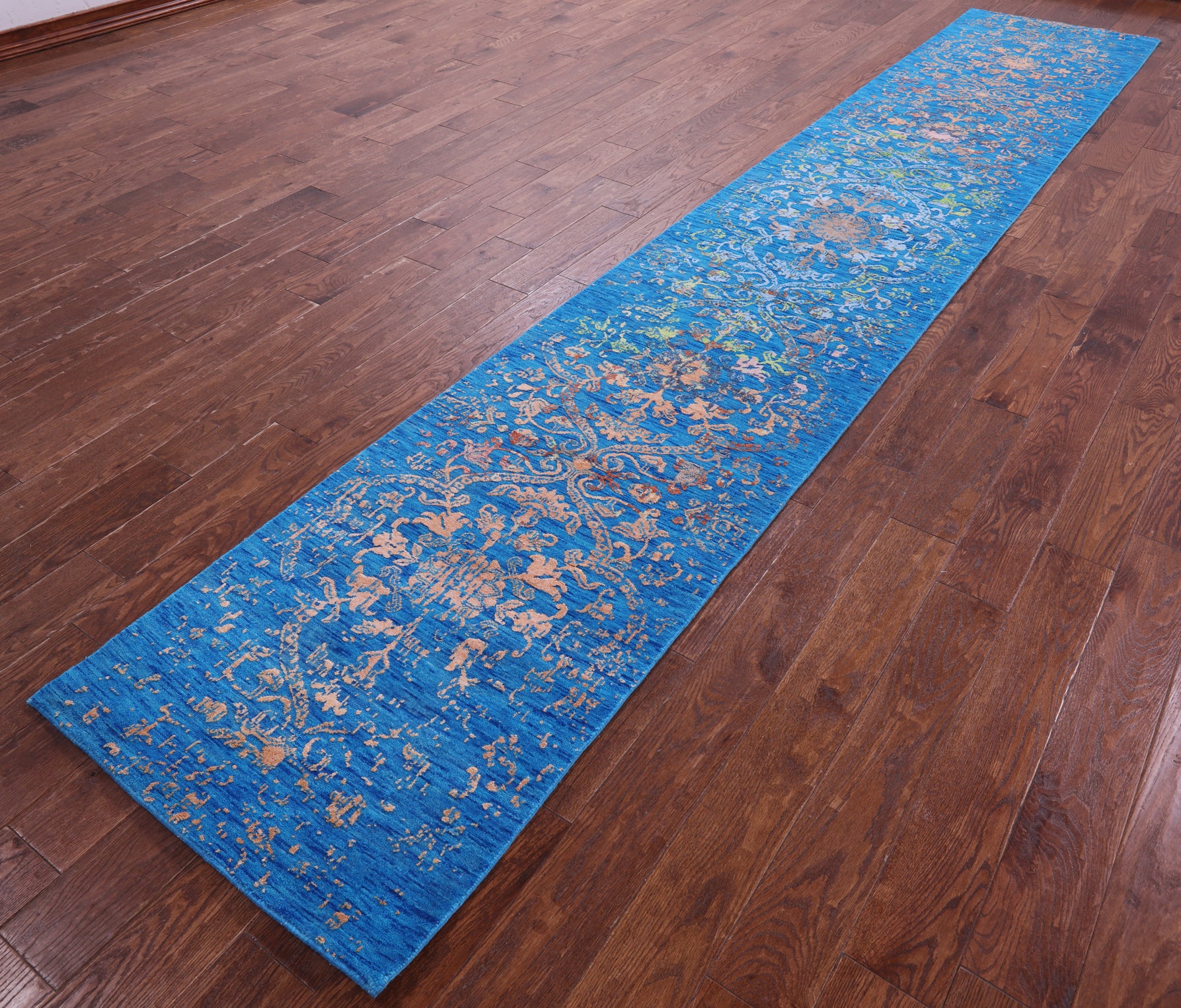 Blue Contemporary Hand Knotted Wool & Silk Runner Rug - 2' 6" X 14' 3" - Golden Nile