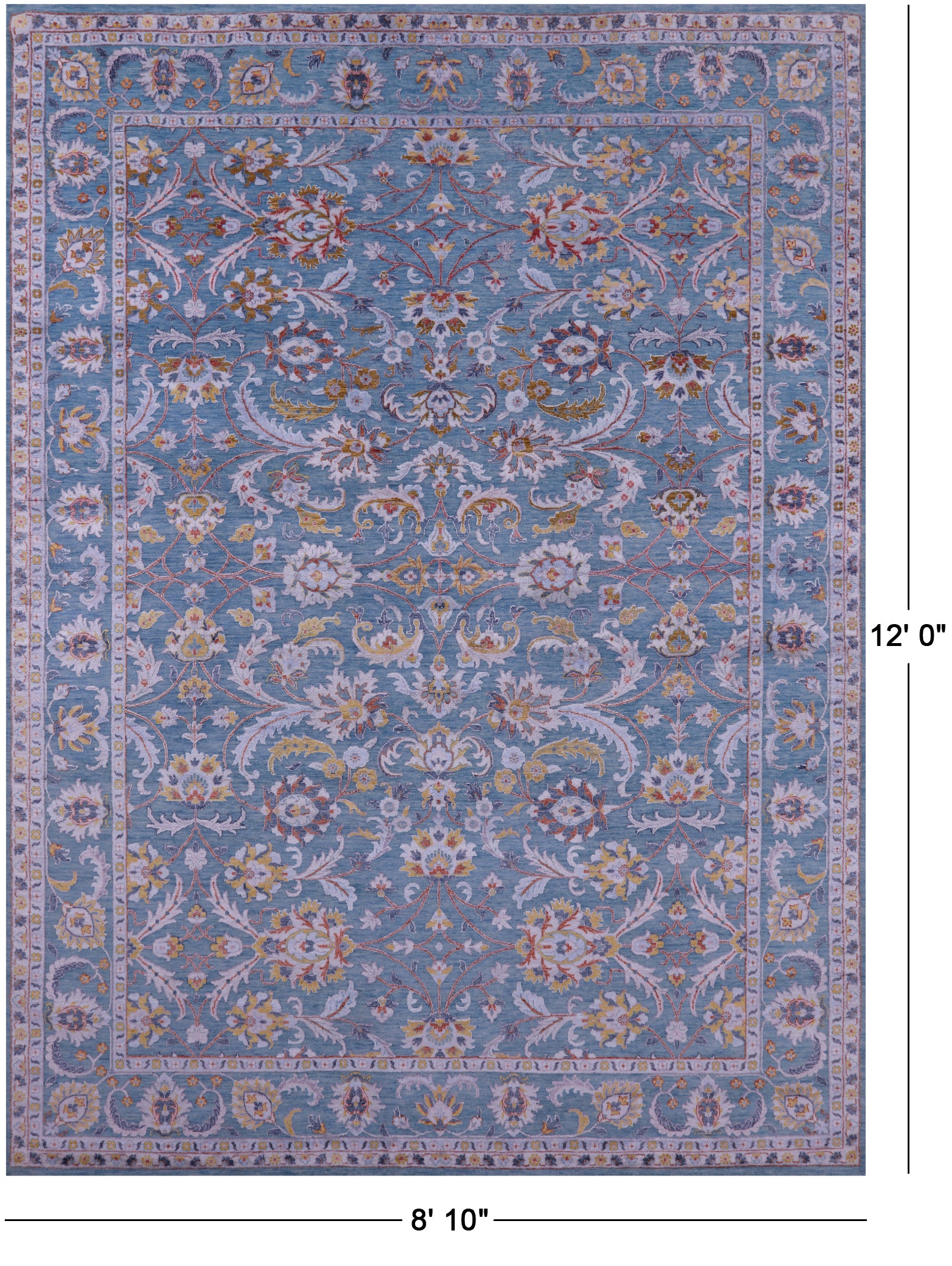 Blue Persian Tabriz Handmade Wool & Silk Rug - 8' 10" X 12' 0" - Golden Nile