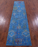 Blue Contemporary Hand Knotted Wool & Silk Runner Rug - 2' 5" X 10' 1" - Golden Nile