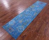 Blue Contemporary Hand Knotted Wool & Silk Runner Rug - 2' 5" X 10' 1" - Golden Nile