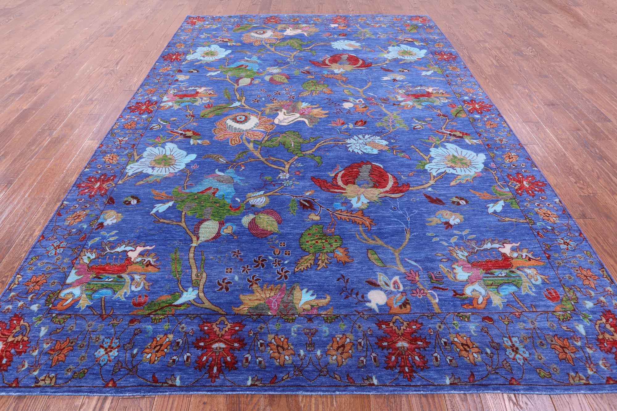 Blue William Morris Hand Knotted Wool Rug - 8' 11" X 12' 0" - Golden Nile