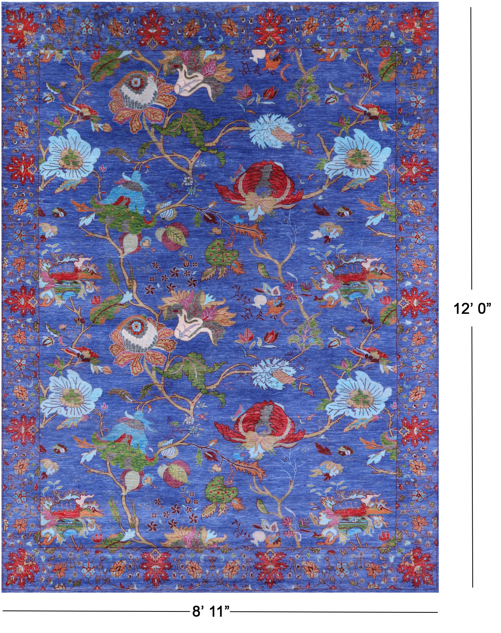 Blue William Morris Hand Knotted Wool Rug - 8' 11" X 12' 0" - Golden Nile