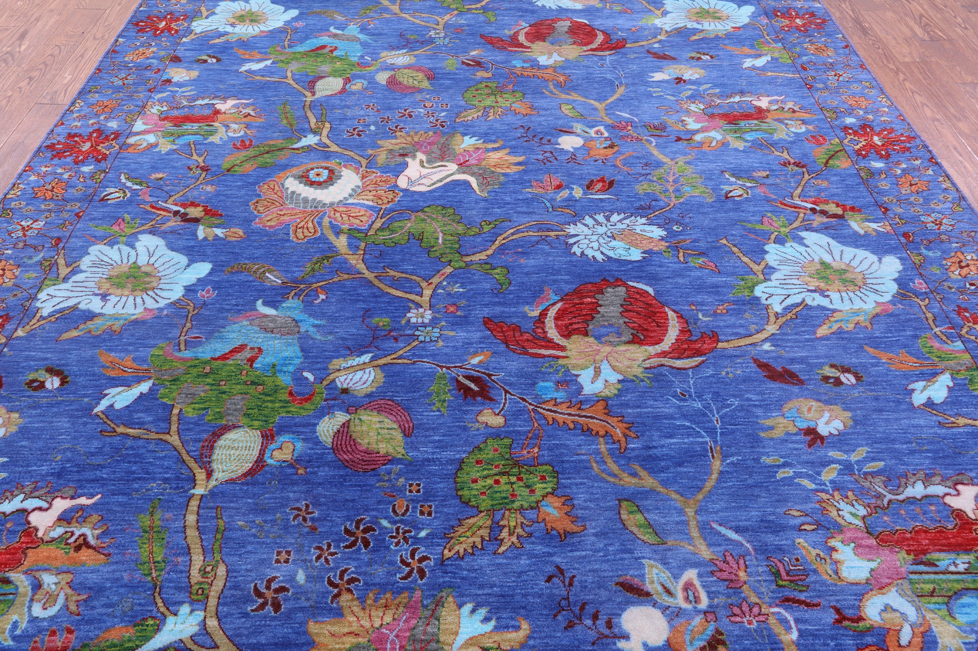 Blue William Morris Hand Knotted Wool Rug - 8' 11" X 12' 0" - Golden Nile