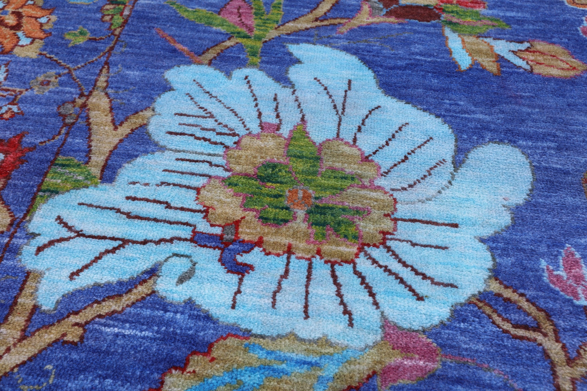 Blue William Morris Hand Knotted Wool Rug - 8' 11" X 12' 0" - Golden Nile