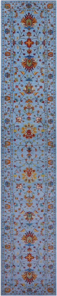 Blue Peshawar Hand Knotted Wool Runner Rug - 2' 8" X 15' 0" - Golden Nile