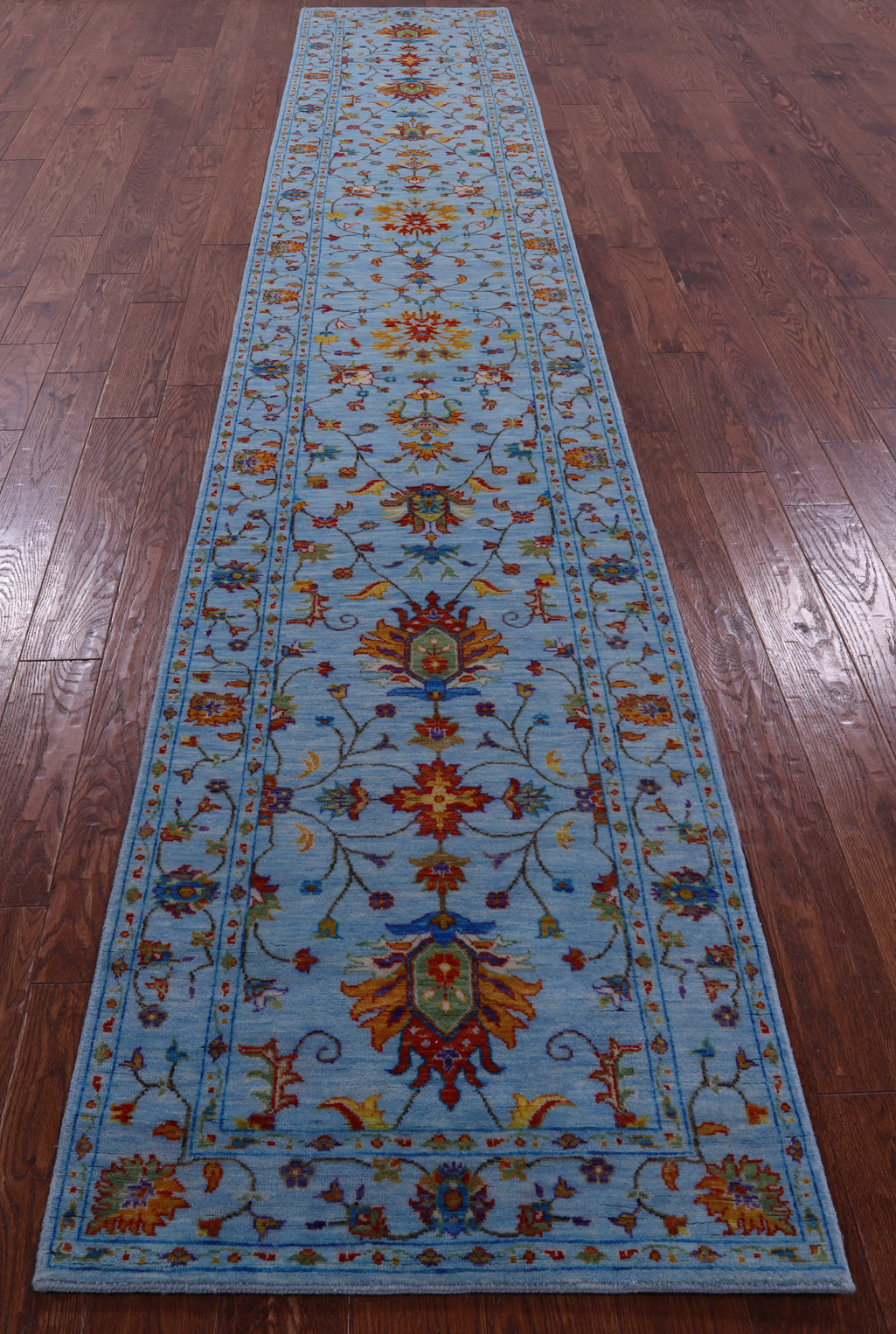 Blue Peshawar Hand Knotted Wool Runner Rug - 2' 8" X 15' 0" - Golden Nile