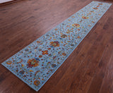 Blue Peshawar Hand Knotted Wool Runner Rug - 2' 8" X 15' 0" - Golden Nile