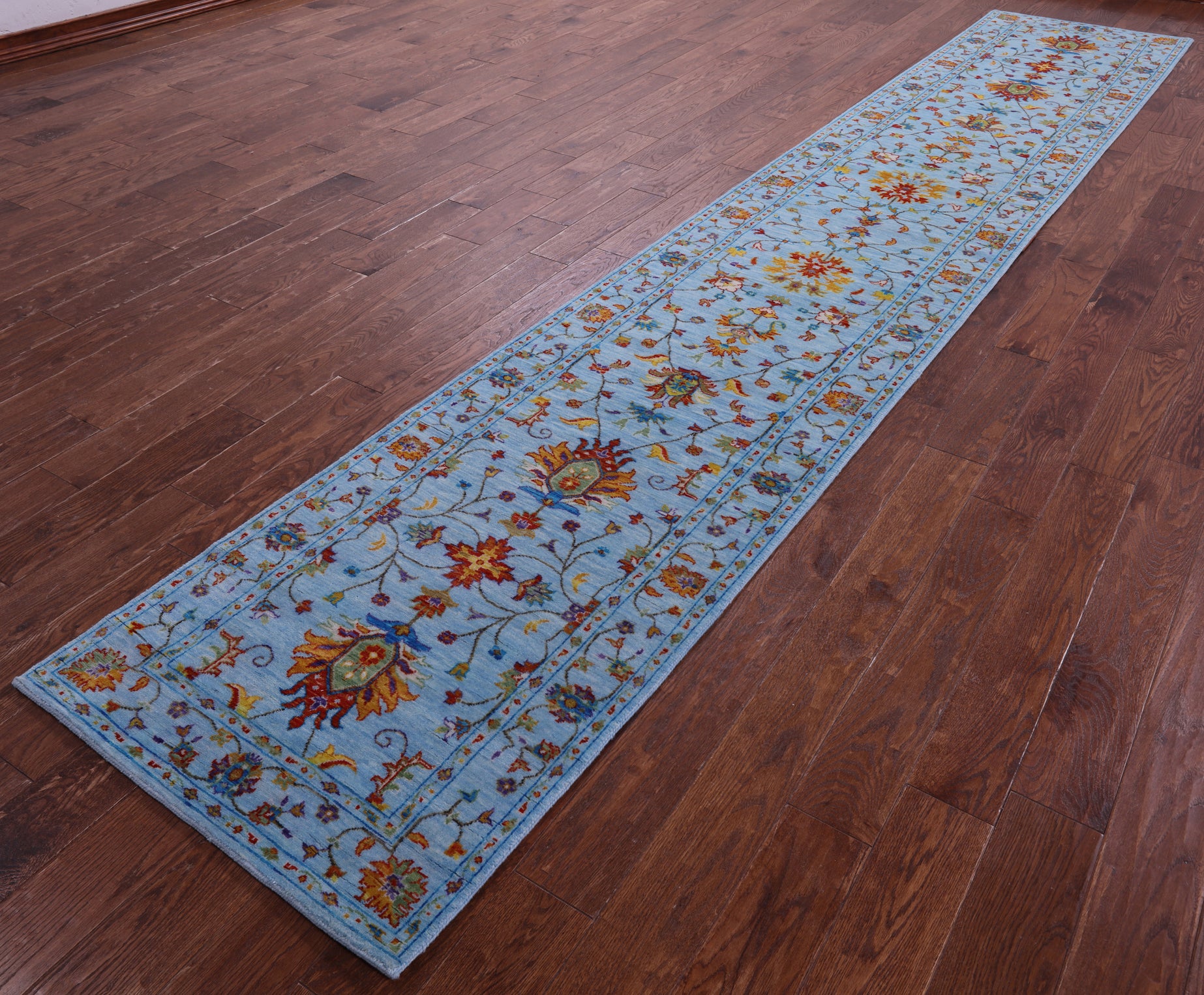 Blue Peshawar Hand Knotted Wool Runner Rug - 2' 8" X 15' 0" - Golden Nile
