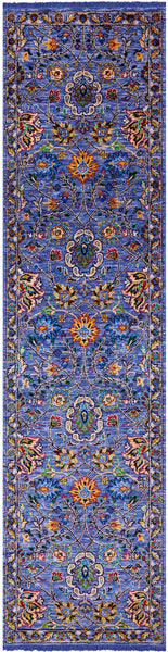 Blue Persian Tabriz Hand Knotted Wool & Silk Runner Rug - 2' 7" X 10' 1" - Golden Nile