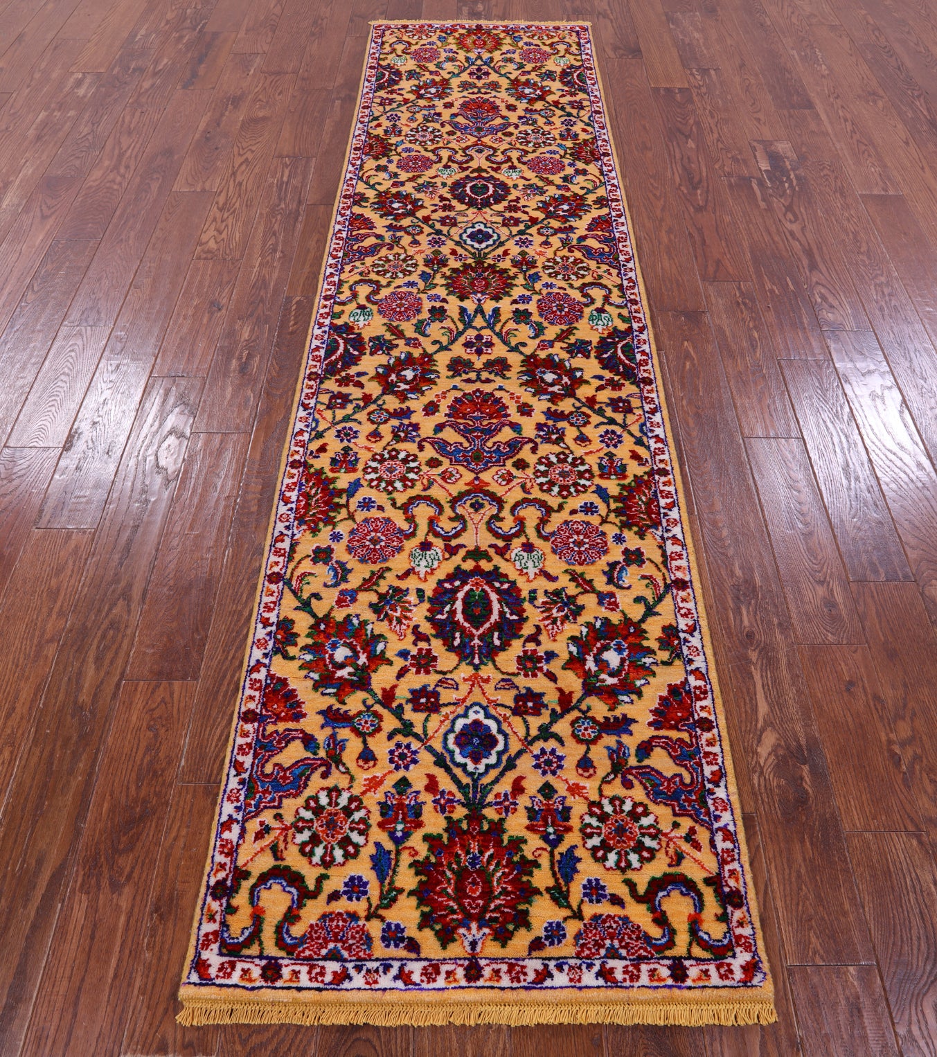 Orange Persian Tabriz Hand Knotted Wool & Silk Runner Rug - 2' 7" X 9' 11" - Golden Nile