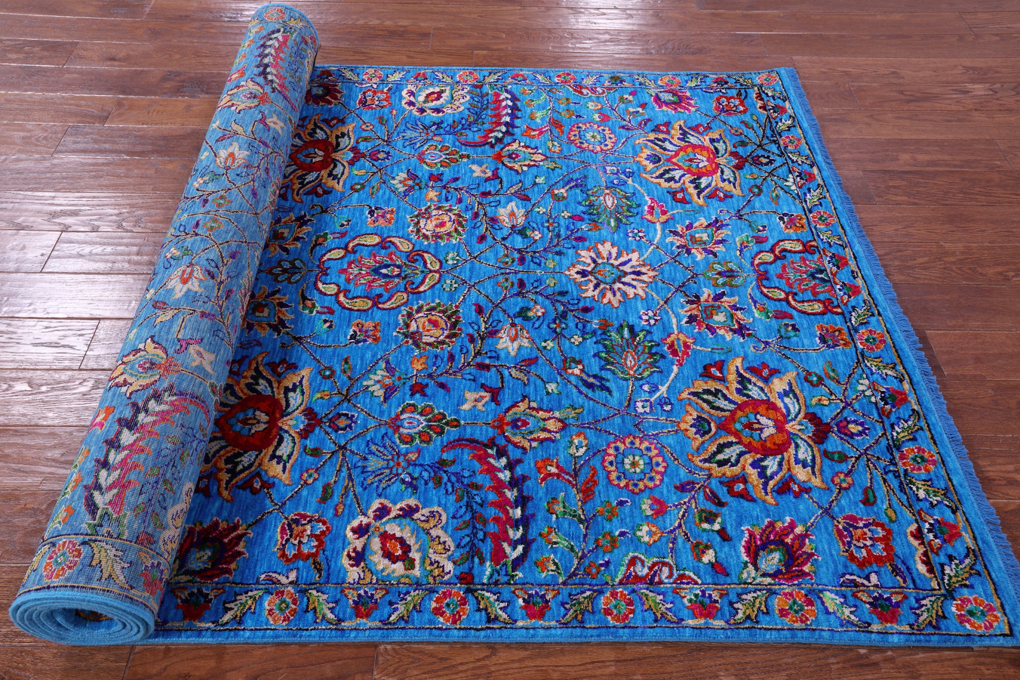 Blue Persian Tabriz Handmade Wool & Silk Rug - 5' 1" X 11' 6" - Golden Nile