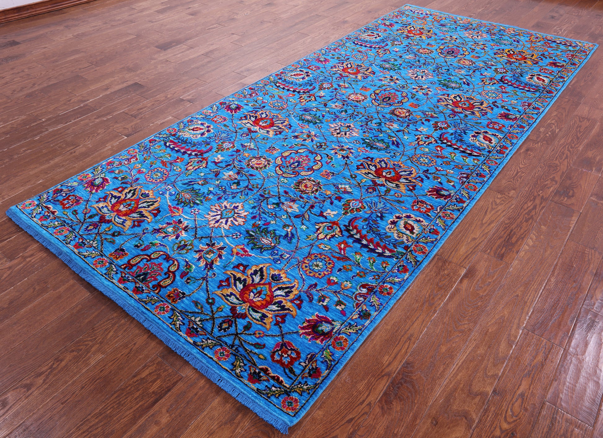 Blue Persian Tabriz Handmade Wool & Silk Rug - 5' 1" X 11' 6" - Golden Nile