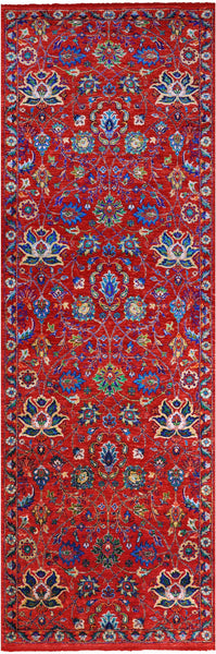 Red Persian Tabriz Handmade Wool & Silk Runner Rug - 4' 0" X 12' 3" - Golden Nile