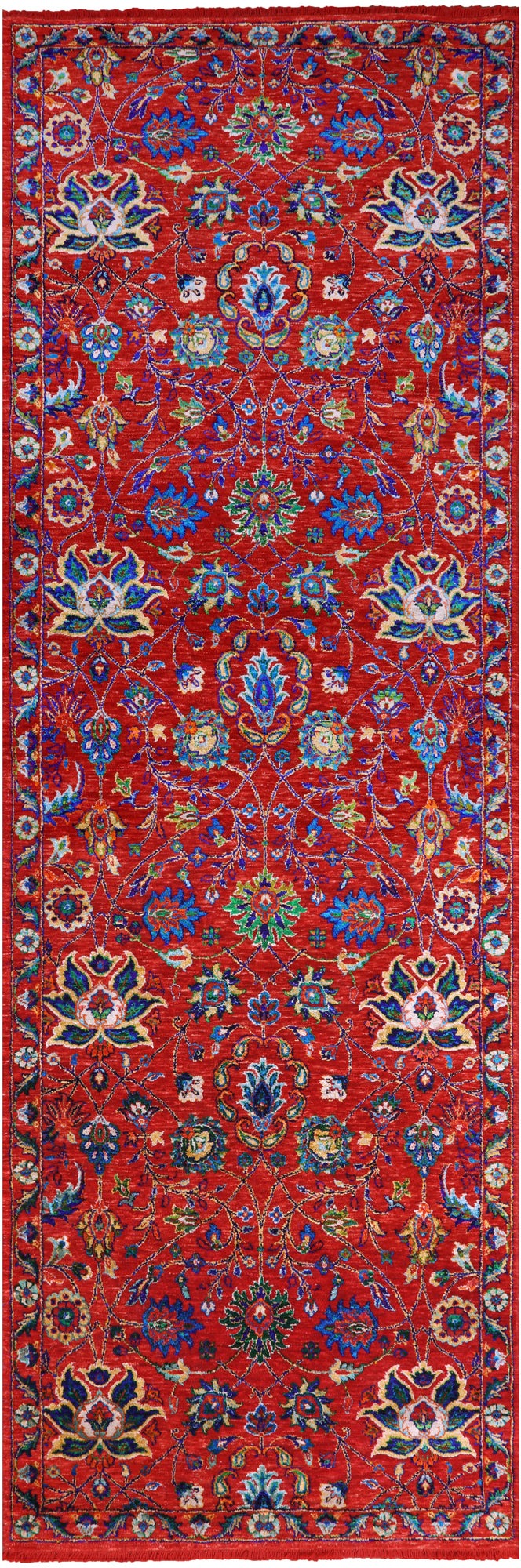 Red Persian Tabriz Handmade Wool & Silk Runner Rug - 4' 0" X 12' 3" - Golden Nile