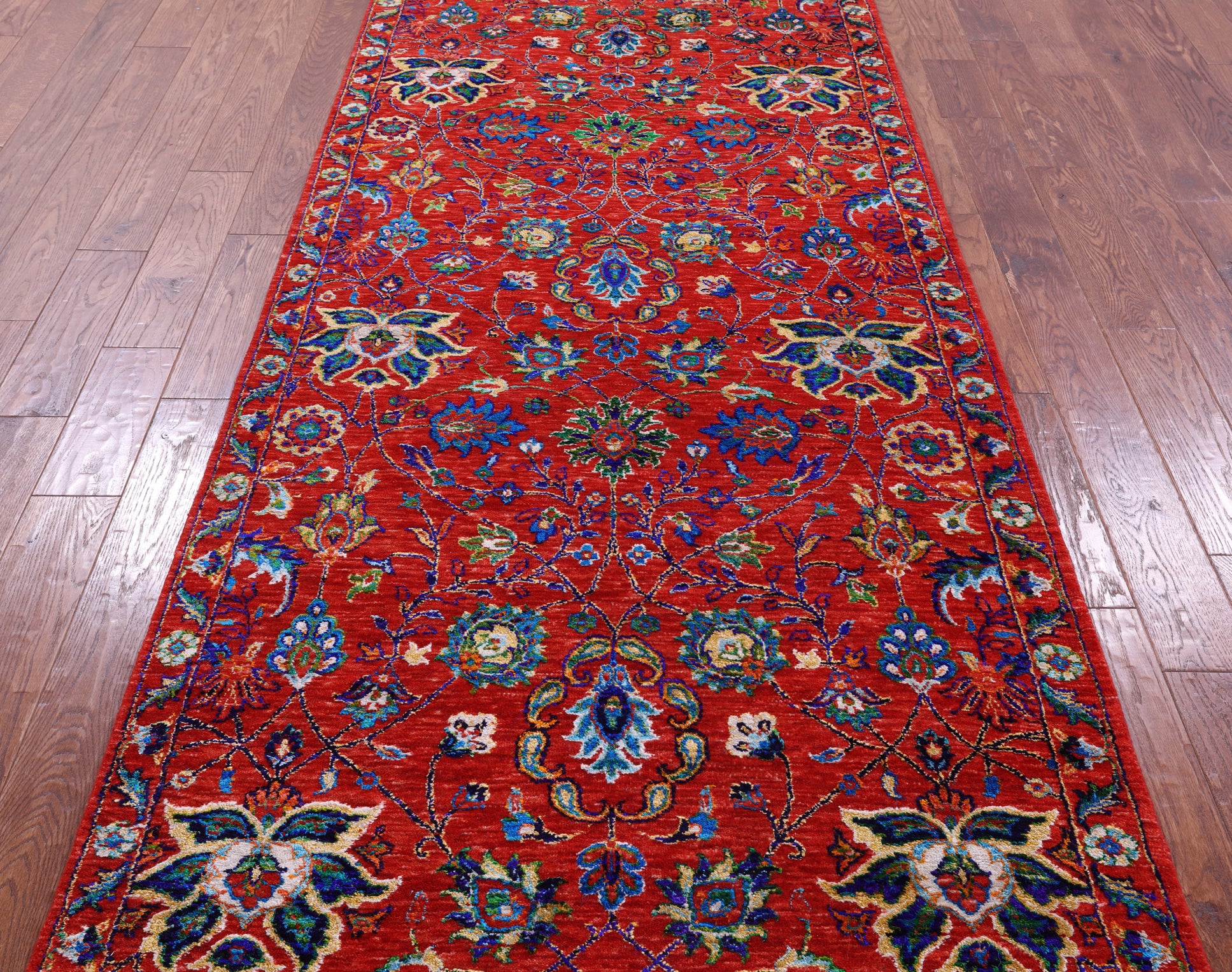 Red Persian Tabriz Handmade Wool & Silk Runner Rug - 4' 0" X 12' 3" - Golden Nile