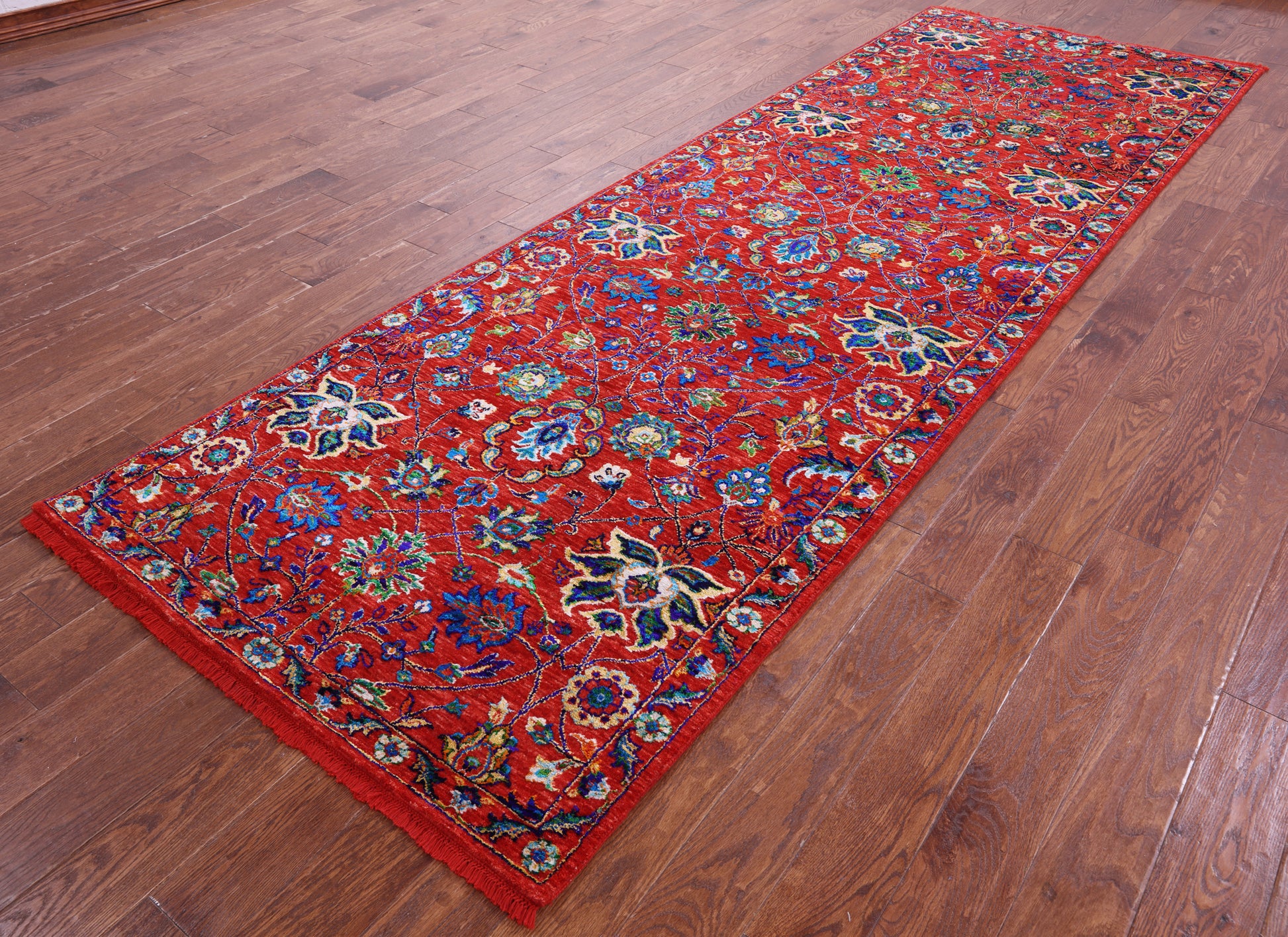 Red Persian Tabriz Handmade Wool & Silk Runner Rug - 4' 0" X 12' 3" - Golden Nile