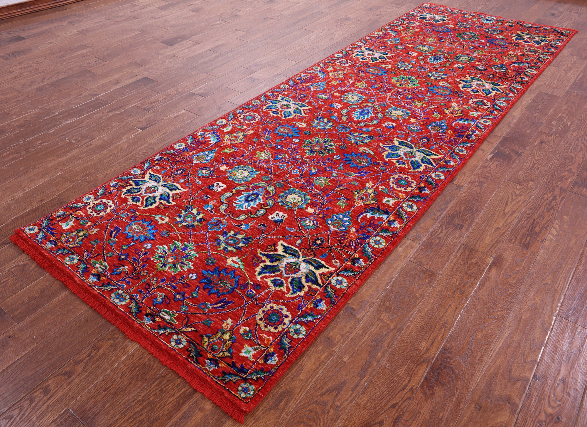 Red Persian Tabriz Handmade Wool & Silk Runner Rug - 4' 0" X 12' 3" - Golden Nile
