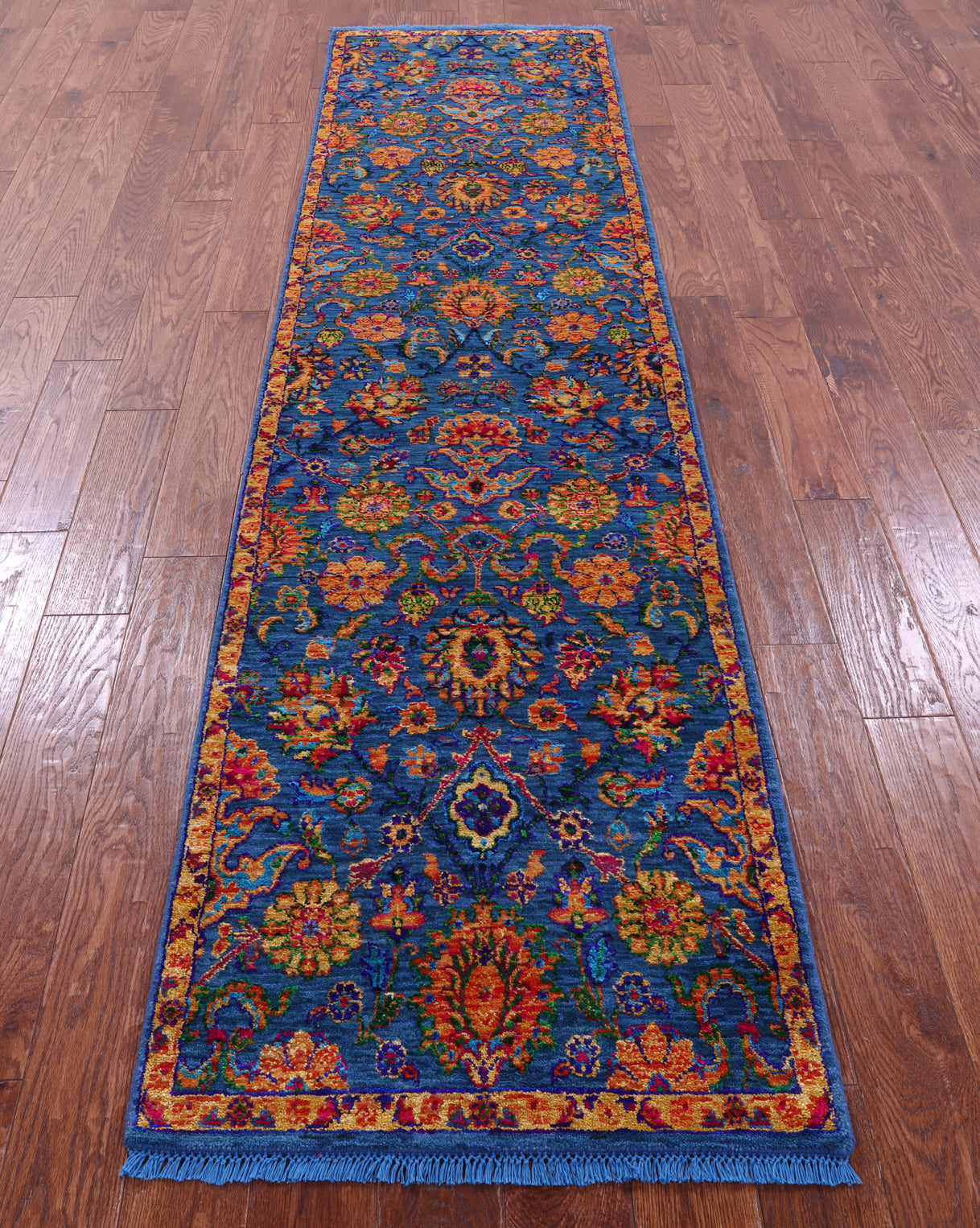 Blue Persian Tabriz Hand Knotted Wool & Silk Runner Rug - 2' 6" X 9' 11" - Golden Nile