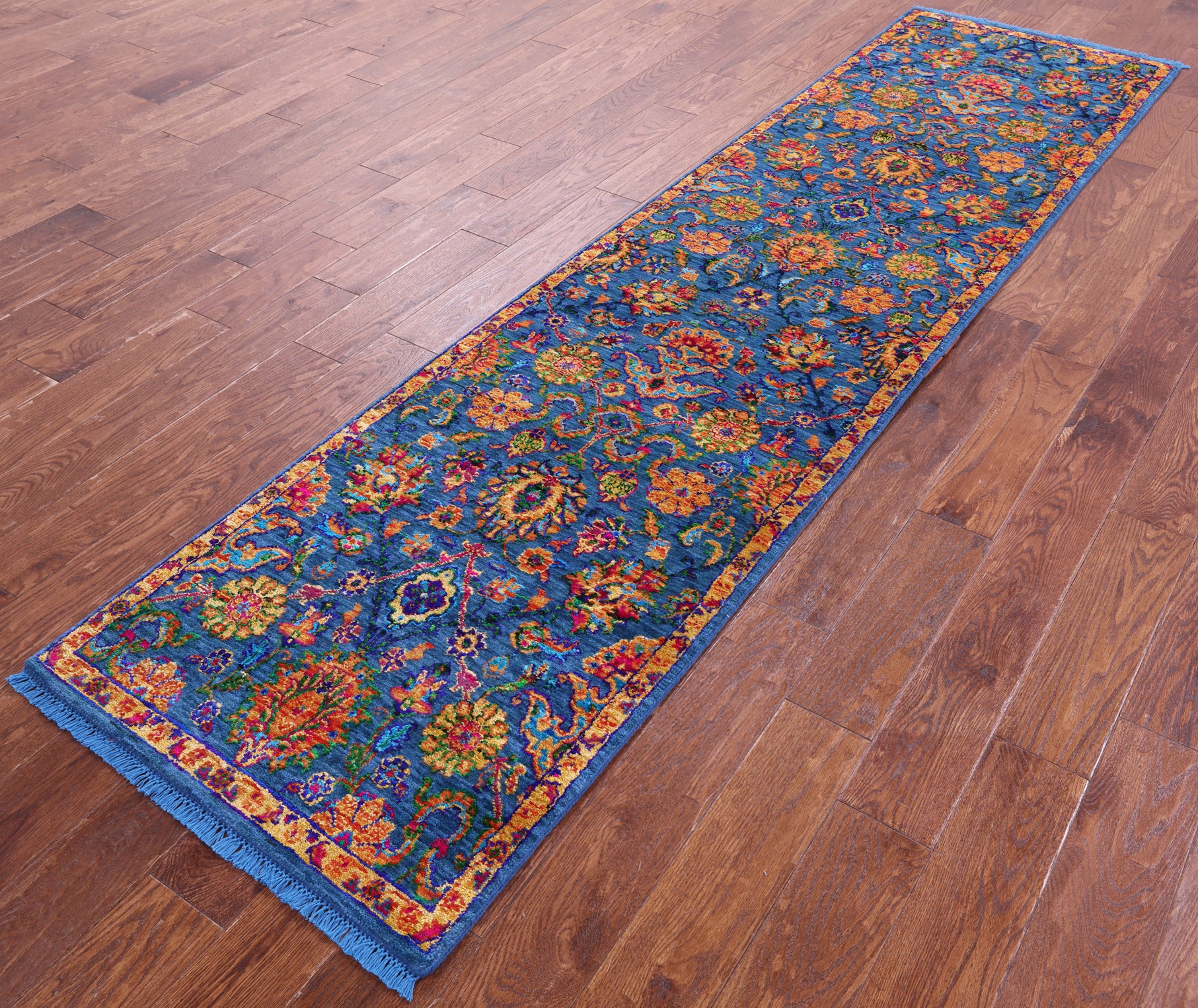 Blue Persian Tabriz Hand Knotted Wool & Silk Runner Rug - 2' 6" X 9' 11" - Golden Nile