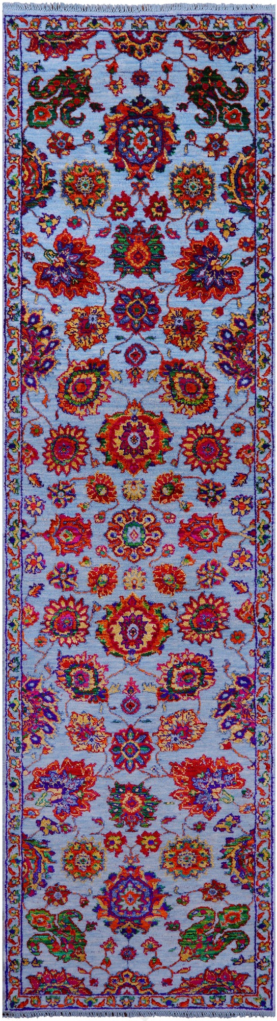 Blue Persian Tabriz Hand Knotted Wool & Silk Runner Rug - 2' 8" X 10' 2" - Golden Nile
