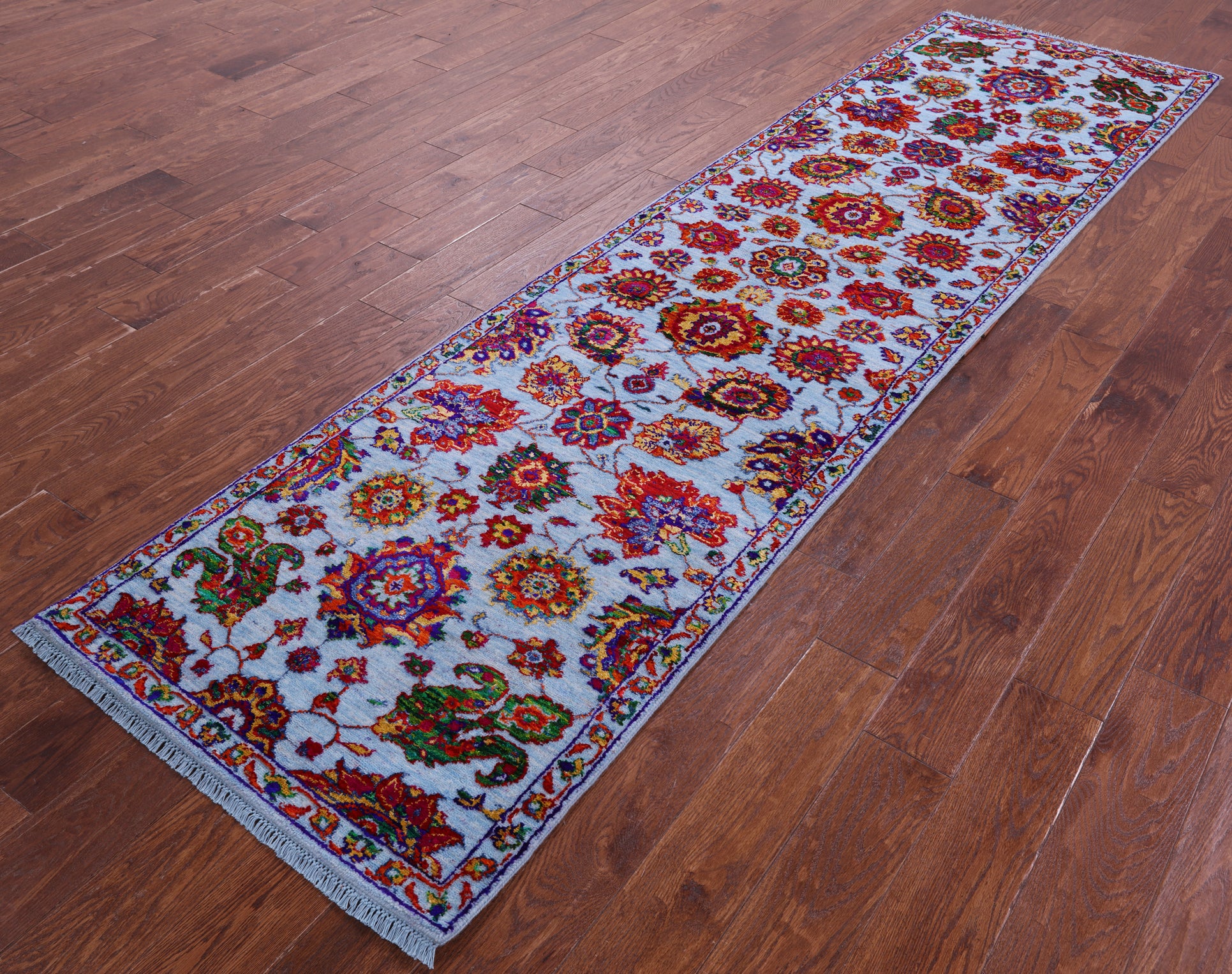 Blue Persian Tabriz Hand Knotted Wool & Silk Runner Rug - 2' 8" X 10' 2" - Golden Nile