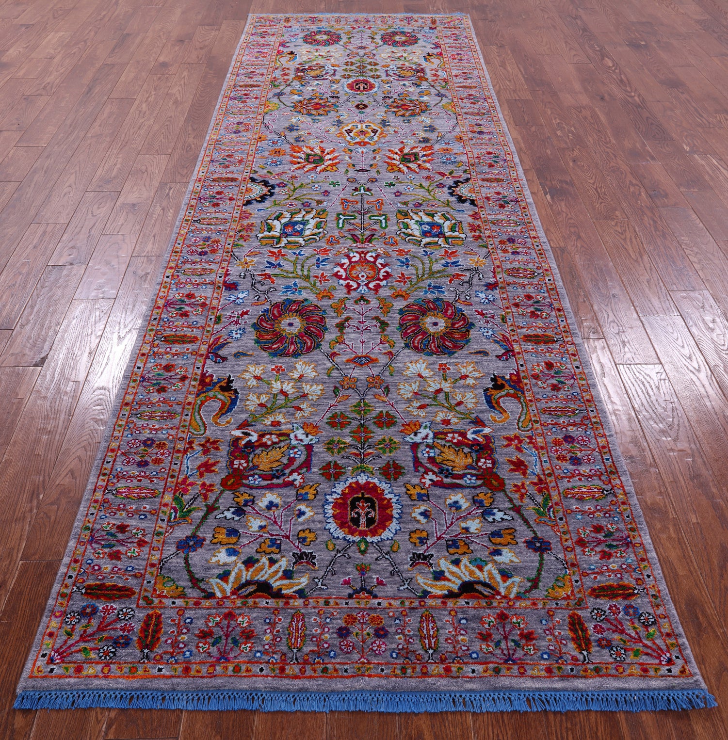 Grey Persian Tabriz Handmade Wool & Silk Runner Rug - 4' 0" X 12' 4" - Golden Nile