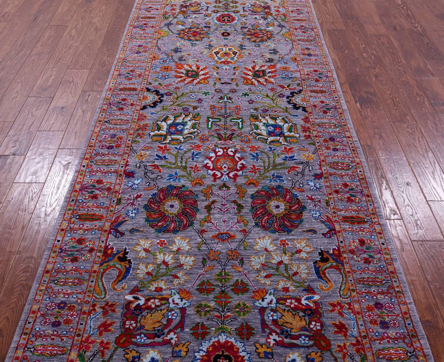 Grey Persian Tabriz Handmade Wool & Silk Runner Rug - 4' 0" X 12' 4" - Golden Nile