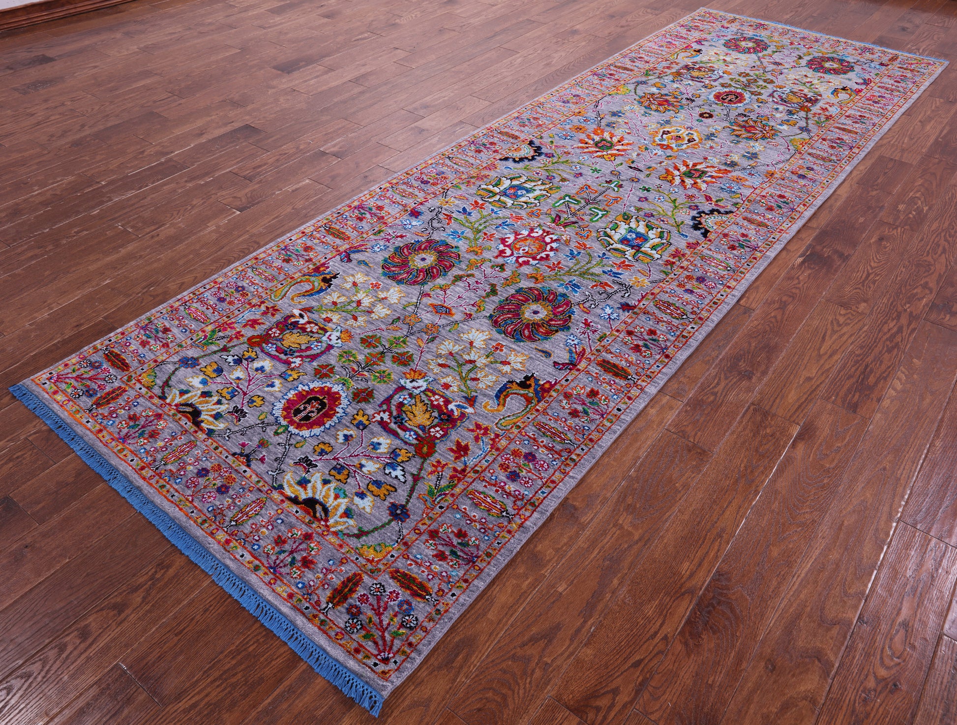 Grey Persian Tabriz Handmade Wool & Silk Runner Rug - 4' 0" X 12' 4" - Golden Nile