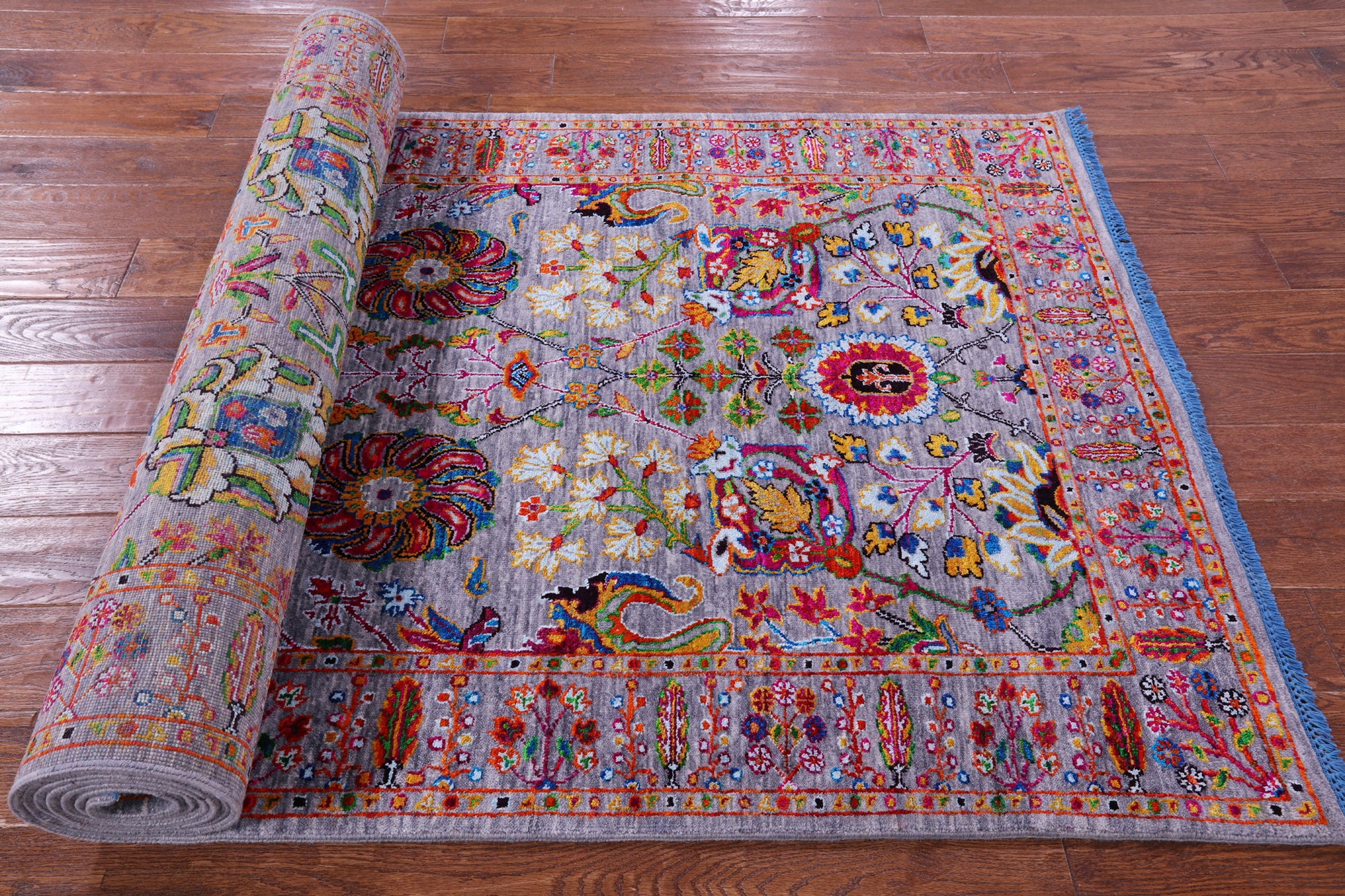 Grey Persian Tabriz Handmade Wool & Silk Runner Rug - 4' 0" X 12' 4" - Golden Nile
