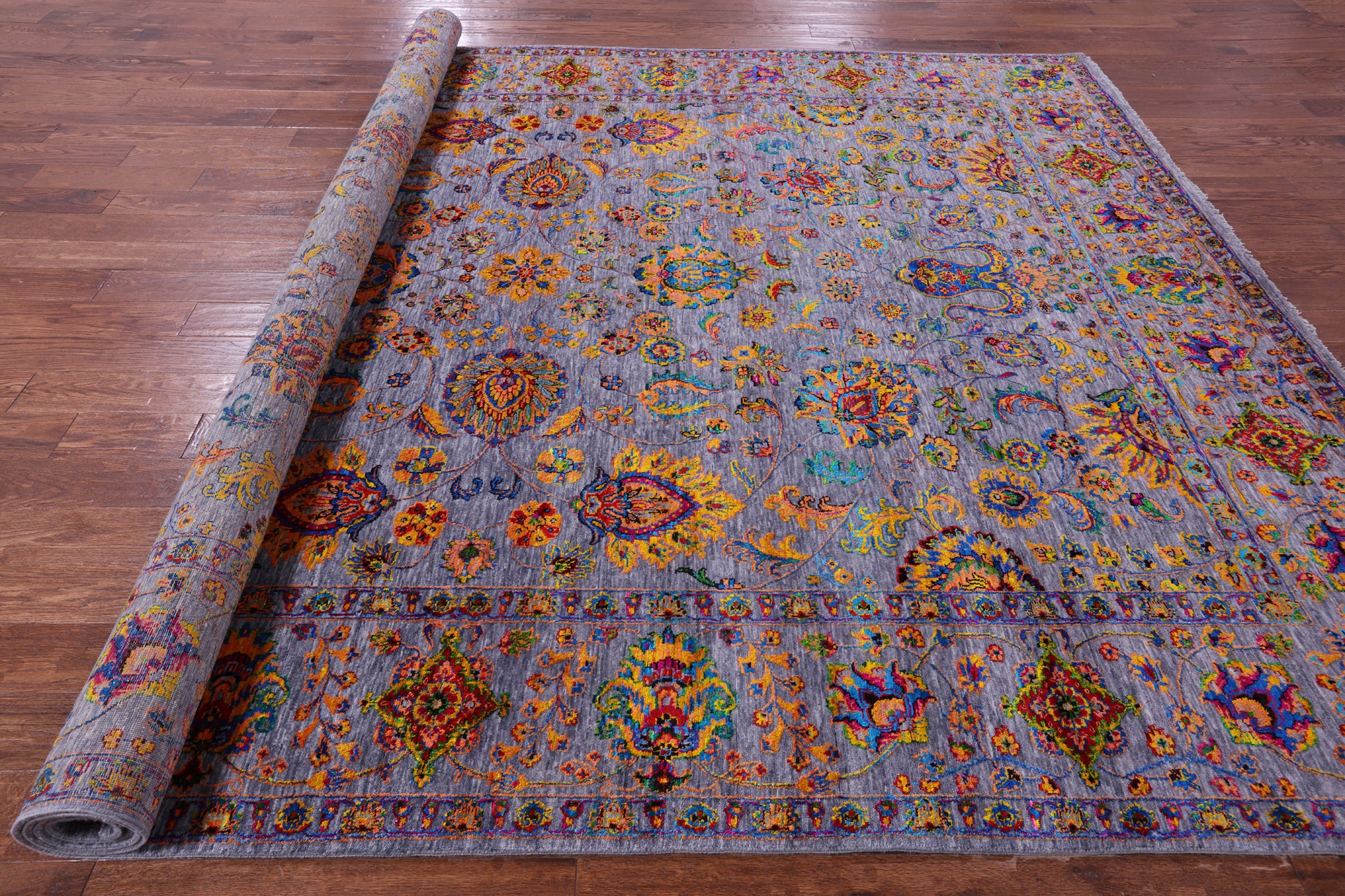 Grey Persian Tabriz Hand Knotted Wool & Silk Rug - 9' 2" X 12' 0" - Golden Nile