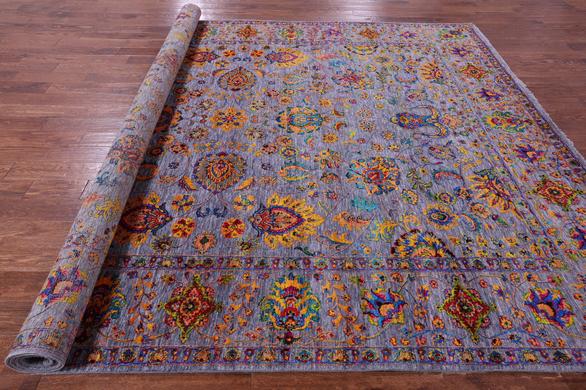 Grey Persian Tabriz Hand Knotted Wool & Silk Rug - 9' 2" X 12' 0" - Golden Nile