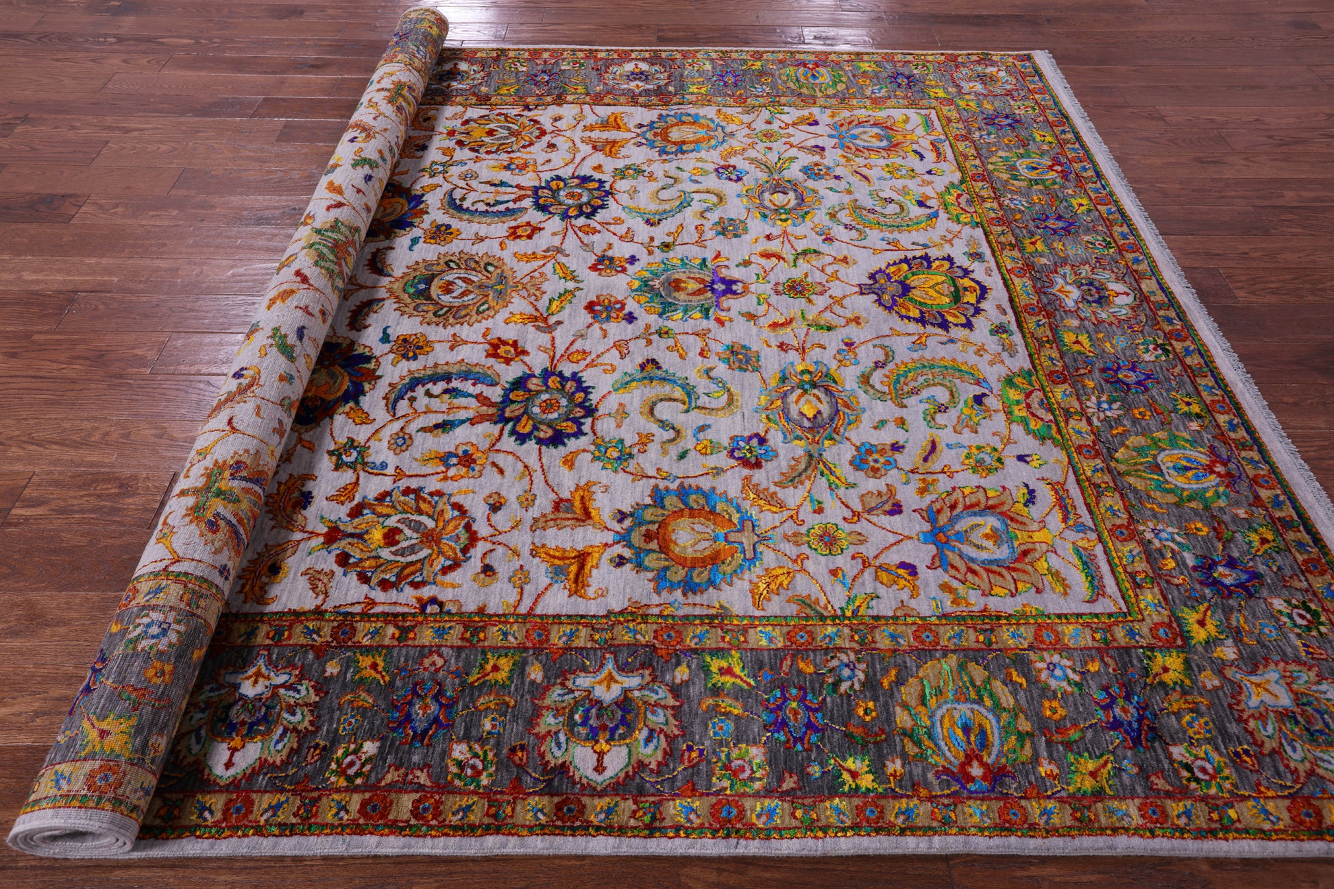 Grey Persian Tabriz Hand Knotted Wool & Silk Rug - 7' 10" X 10' 1" - Golden Nile
