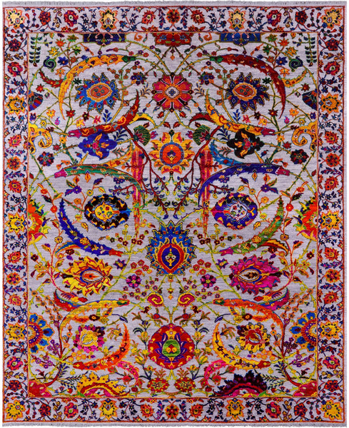 Grey Persian Sickle Leaf Hand Knotted Wool & Silk Rug - 8' 2" X 10' 3" - Golden Nile