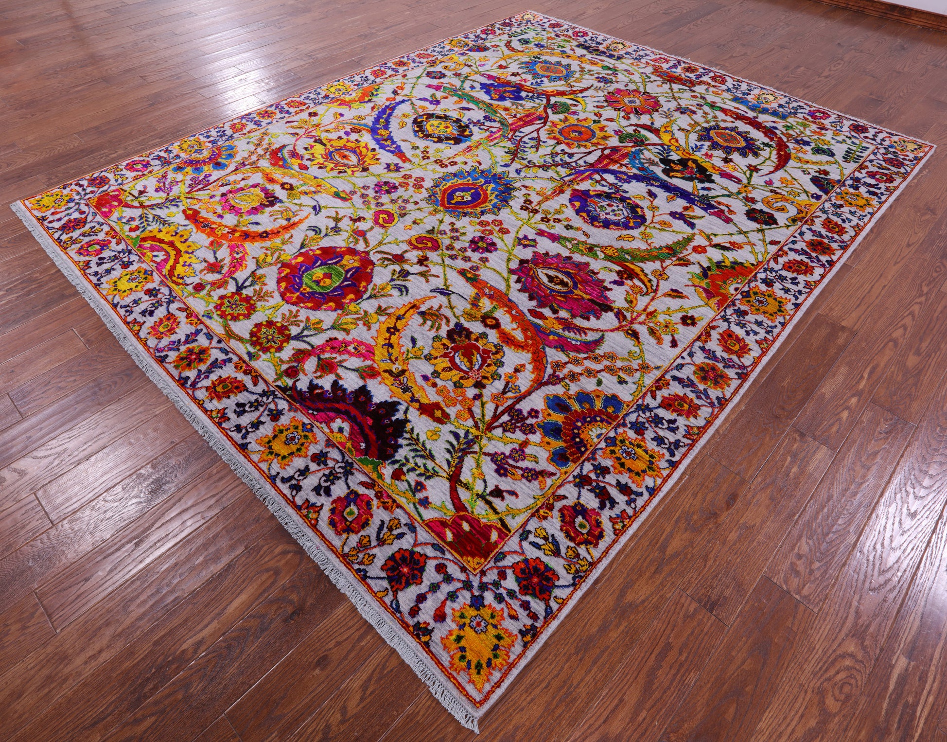 Grey Persian Sickle Leaf Hand Knotted Wool & Silk Rug - 8' 2" X 10' 3" - Golden Nile