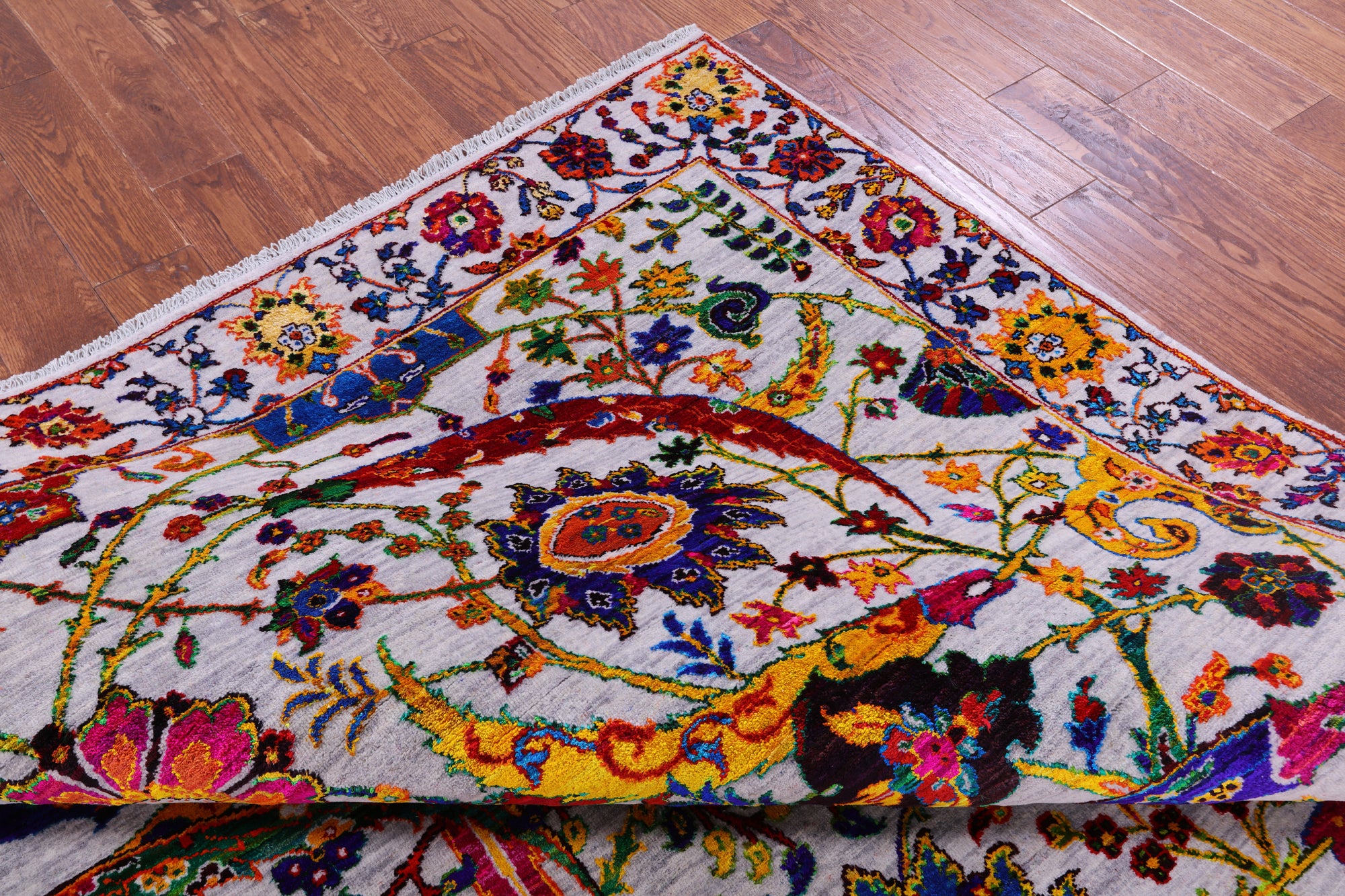 Grey Persian Sickle Leaf Hand Knotted Wool & Silk Rug - 8' 2" X 10' 3" - Golden Nile