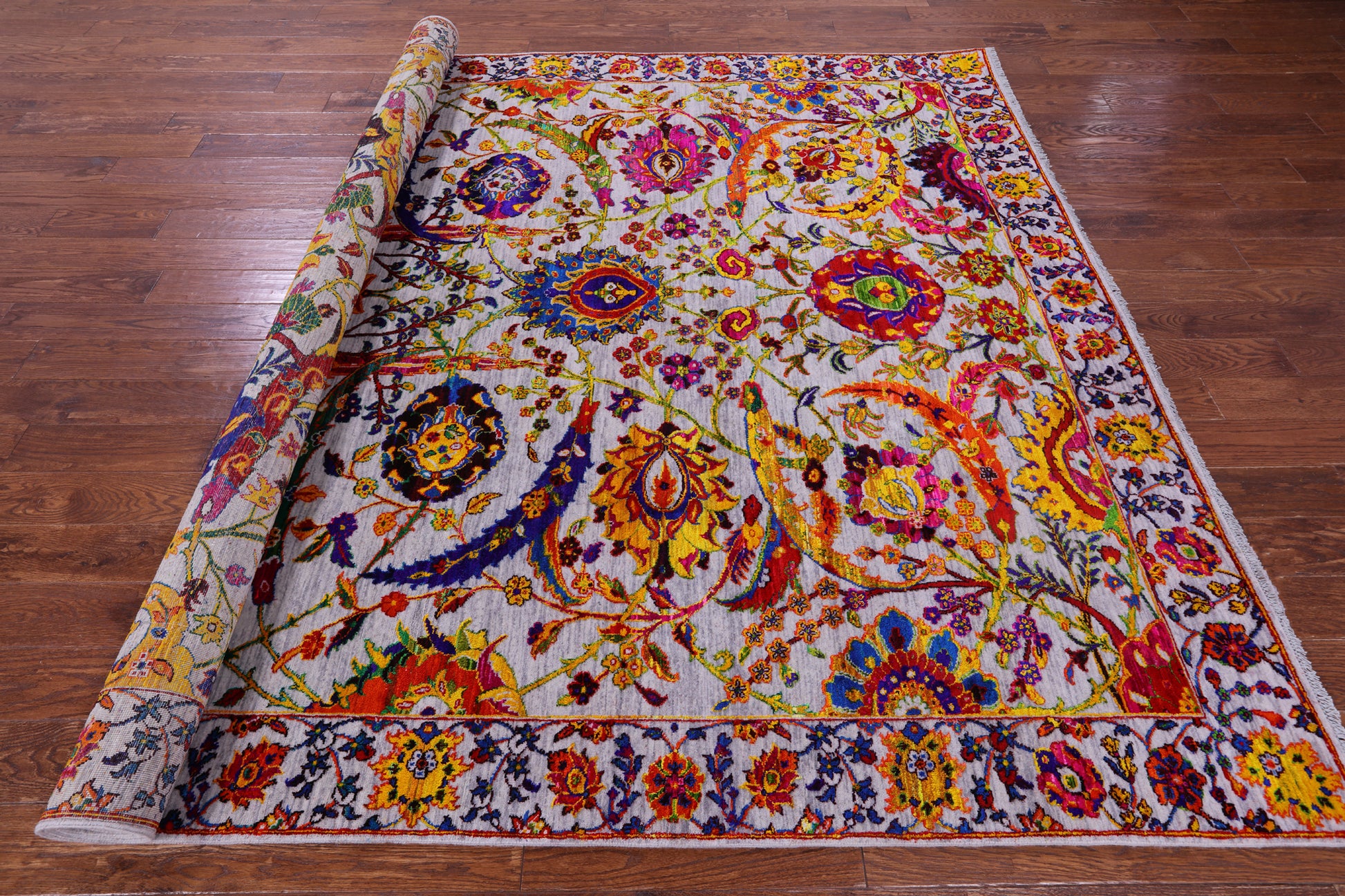 Grey Persian Sickle Leaf Hand Knotted Wool & Silk Rug - 8' 2" X 10' 3" - Golden Nile